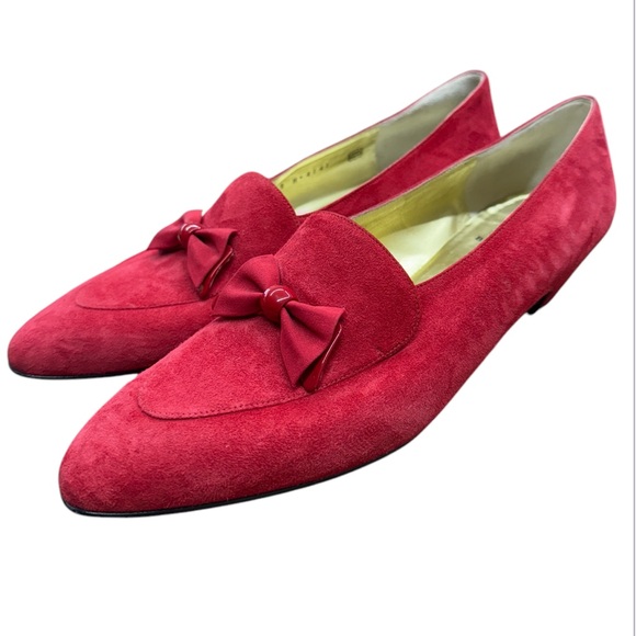 Bruno Magli Shoes - Vintage 1990s Bruno Magli Italian Designer Red Suede Loafer with Bow